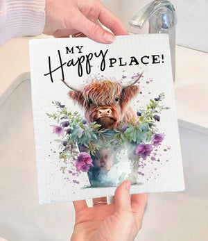 Highland Cow My Happy Place SWEDISH DISH CLOTH