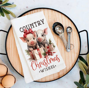 Country Christmas Wishes Piglets Tea Towel